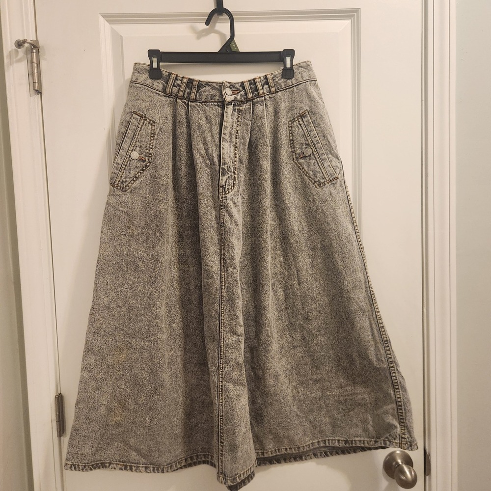 Vintage Jordache Studio Acid Wash Denim Skirt Grey Pleated Wide Leg Skirt 28